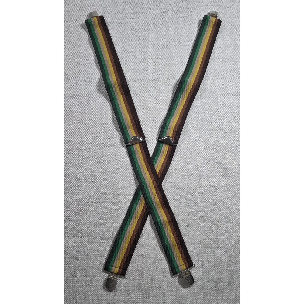 Vintage Striped Suspenders Clip On X Back Elastic Green Gold Brown Earth Tone 70